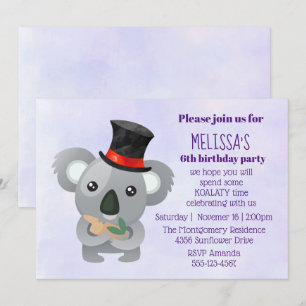 Invitación Cute Koala en un Black Top Hat Birday Party