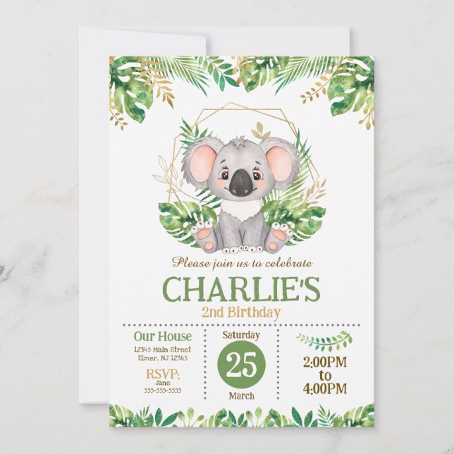 Invitación Cute Koala Floral Sage Greenery 2nd Birthday (Anverso)
