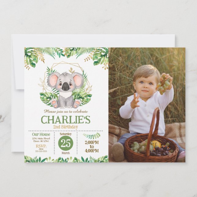 Invitación Cute Koala Floral Sage Greenery 2nd Birthday Photo (Anverso)