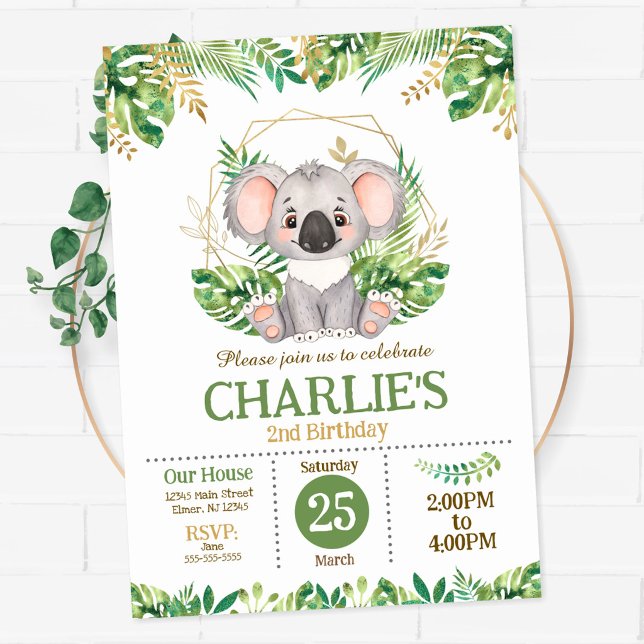 Invitación Cute Koala Floral Sage Verde Segundo Cumpleaños (Subido por el creador)