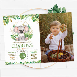 Invitación Cute Koala Floral Salvia Verdor Cumpleaños número 