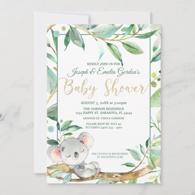 Invitación Cute Koala Green Gender Neutral Baby Shower (Anverso)