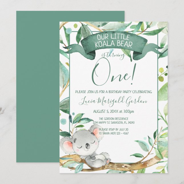 Invitación Cute Koala Green Grey First Birday Party (Anverso / Reverso)