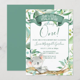 Invitación Cute Koala Green Grey First Birday Party