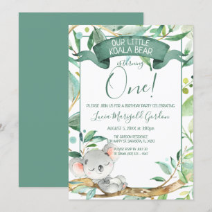 Invitación Cute Koala Green Grey First Birday Party