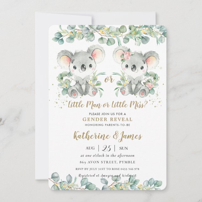 Invitación Cute Koala Greenery Gender Revelan Baby Shower (Anverso)
