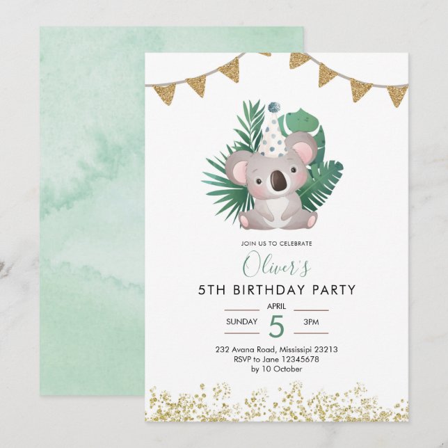 Invitación Cute Koala Greenery Kid cumpleaños (Anverso / Reverso)