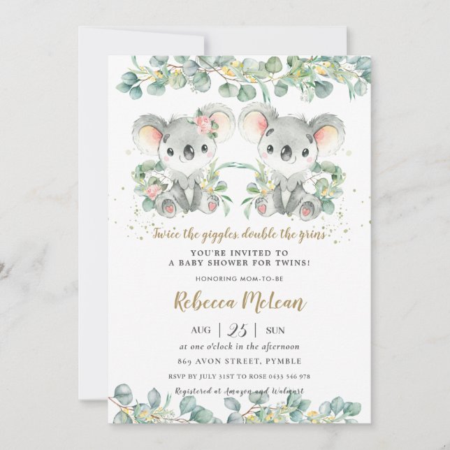 Invitación Cute Koala Greenery Twins Boy Chica Baby Shower  (Anverso)