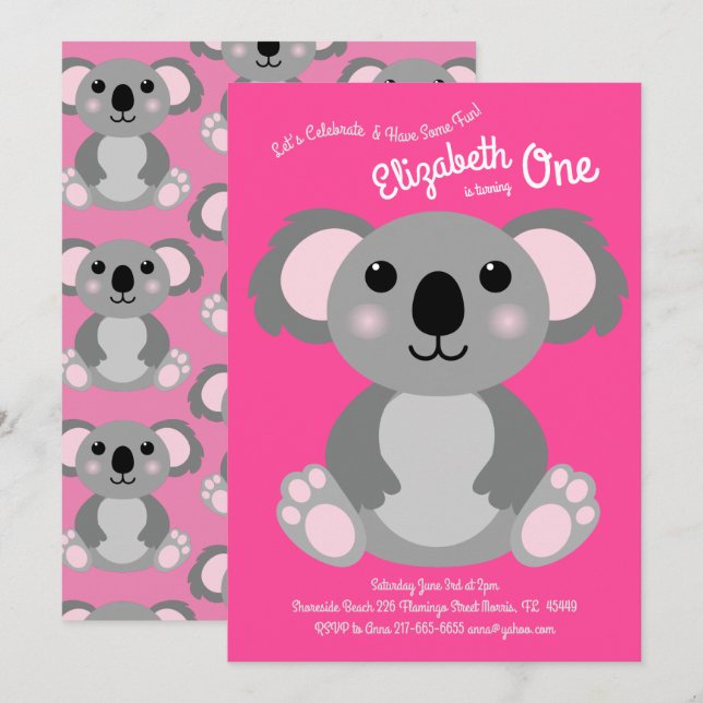Invitación Cute Koala Oso Niños Fiesta de primer cumpleaños R (Anverso / Reverso)