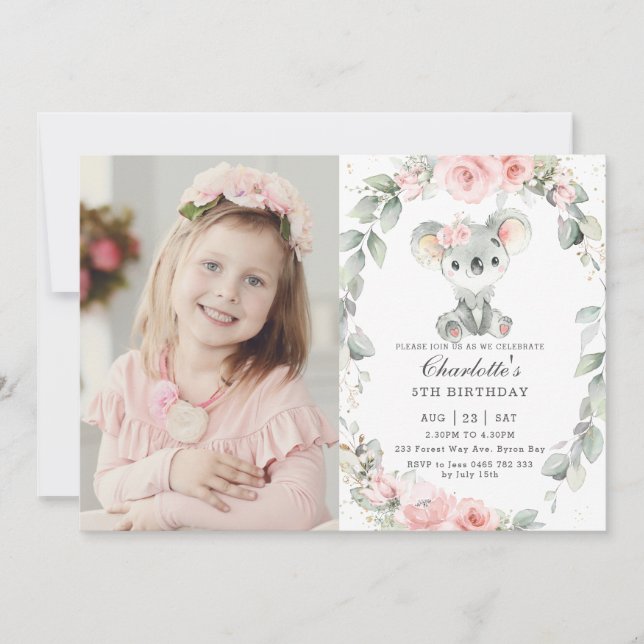 Invitación Cute Koala Pink Floral Greeneration Birthday Photo (Anverso)