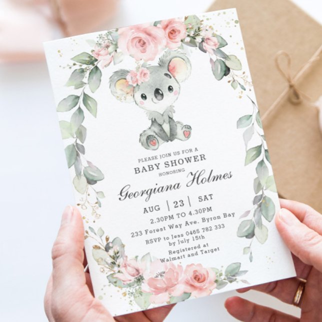 Invitación Cute Koala Pink Floral Sage Greeneration Baby Show (Subido por el creador)