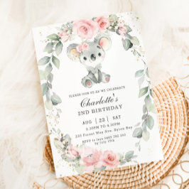 Invitación Cute Koala Pink Floral Sage Greeneration Cumpleaño