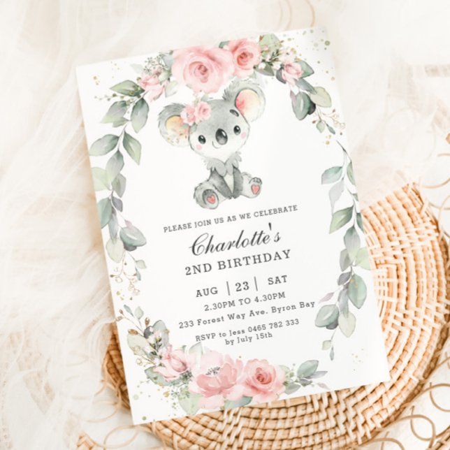 Invitación Cute Koala Pink Floral Sage Greeneration Cumpleaño (cute koala blush pink floral sage greenery wreath 1st first birthday invitation card download )