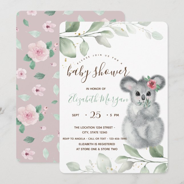 Invitación Cute Koala Rosas Baby Shower (Anverso / Reverso)