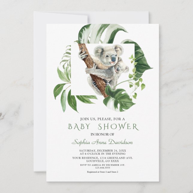 Invitación Cute Koala Tropical Greeneration Baby Shower (Anverso)
