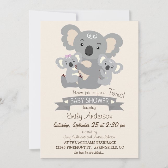Invitación Cute Koala Twins Baby Shower (Anverso)