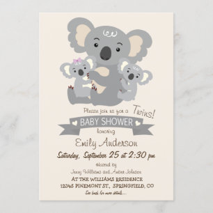 Invitación Cute Koala Twins Baby Shower