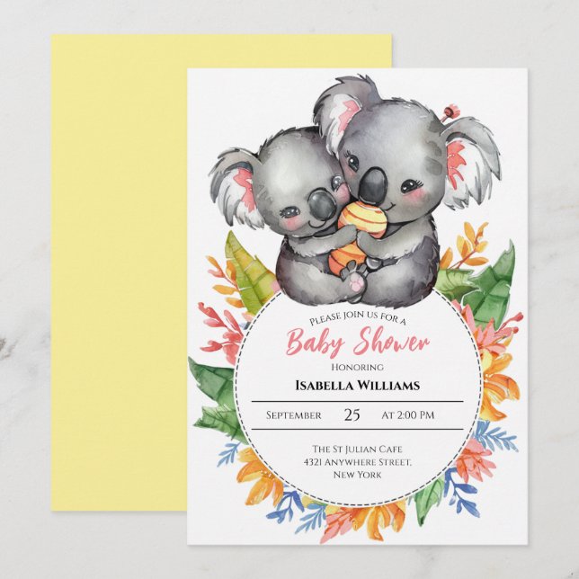Invitación Cute Koalas Wildflower Baby Shower (Anverso / Reverso)