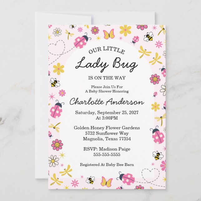 Invitación Cute Lady Bug Pink Girl Baby Shower (Anverso)