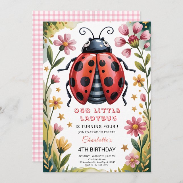 Invitación Cute Ladybug 4th Birthday Party (Anverso / Reverso)