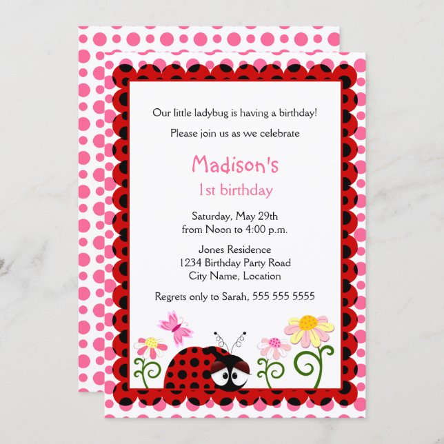 Invitación Cute Ladybug Birday Party (Anverso / Reverso)