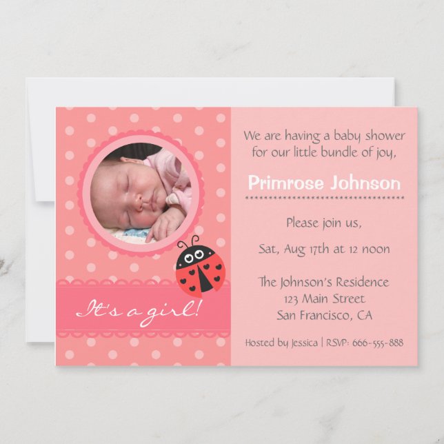 Invitación Cute Ladybug Polka Dots Baby Girl Shower Photo (Anverso)