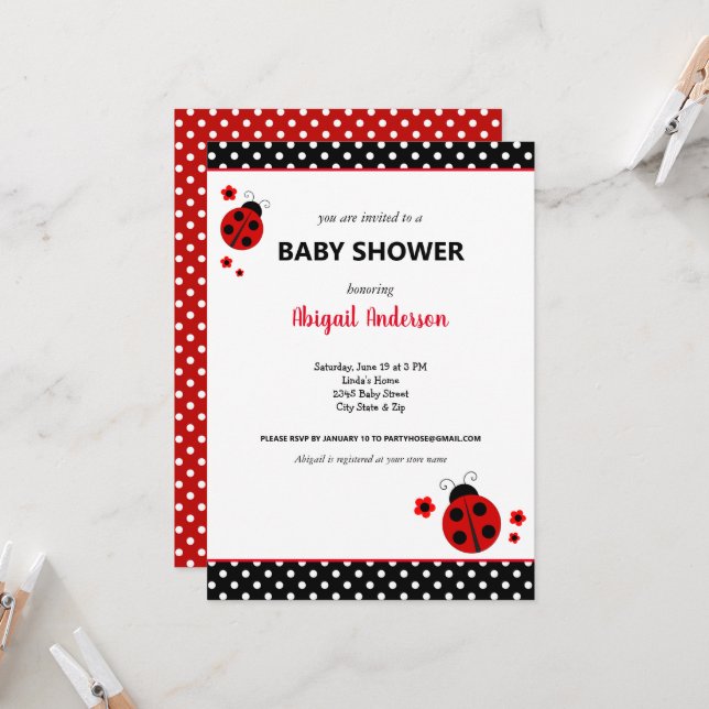 Invitación Cute Ladybug Polka Dots Baby Shower (Anverso/Reverso In Situ)