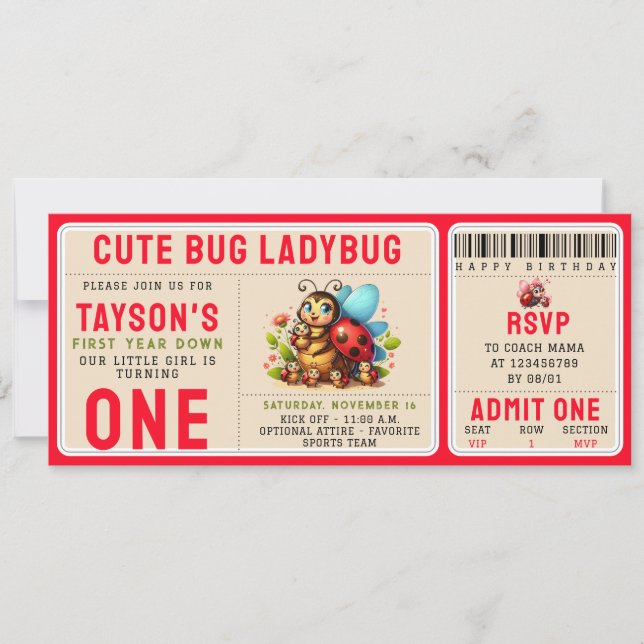 Invitación Cute Ladybug Primer cumpleaños | Billete sobre el  (Anverso)