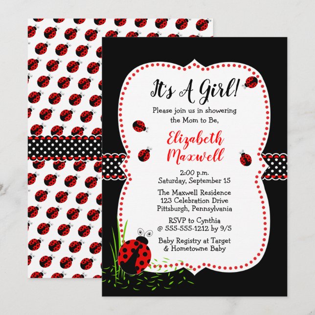 Invitación Cute Ladybugs es un Baby Shower Chica (Anverso / Reverso)
