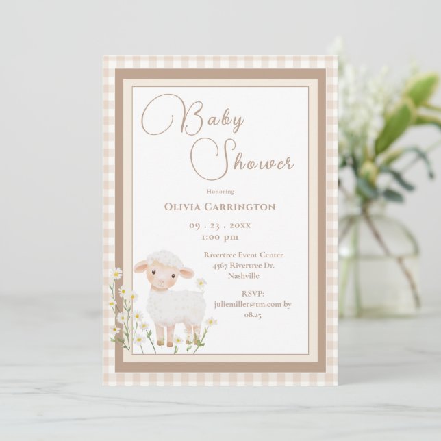 Invitación Cute Lamb Gingham Vintage Baby Shower Invitation (Anverso de pie)