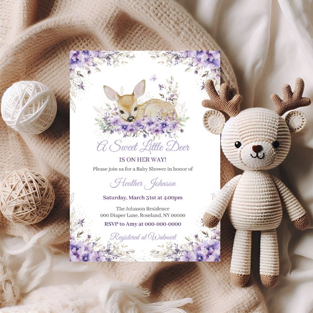 Invitación Cute Lavender Purple Floral Deer Baby Shower (Subido por el creador)