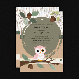 Invitación Cute Lechuza Rosa Woodland Forest Baby Shower