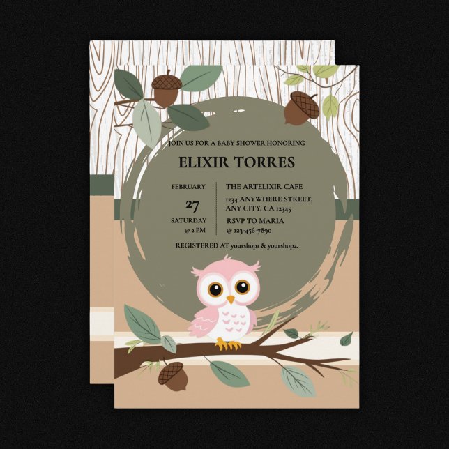 Invitación Cute Lechuza Rosa Woodland Forest Baby Shower (Subido por el creador)