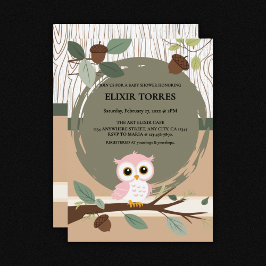 Invitación Cute Lechuza Rosa Woodland Forest Baby Shower