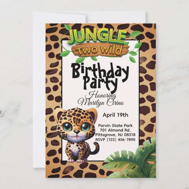 Invitación Cute Leopard Imprimir Gato Kitty Dos 🐆 De Cumplea (Anverso)