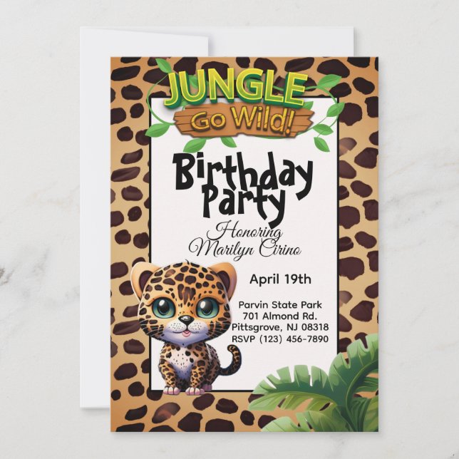 Invitación Cute Leopard Print Kitty Cat Go Wilthday 🐆 (Anverso)