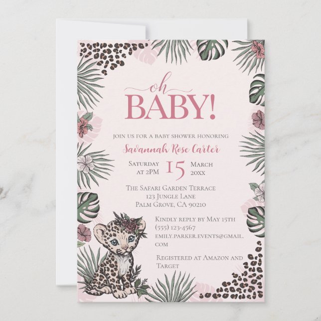 Invitación Cute Leopard Safari Girl Baby Shower (Anverso)