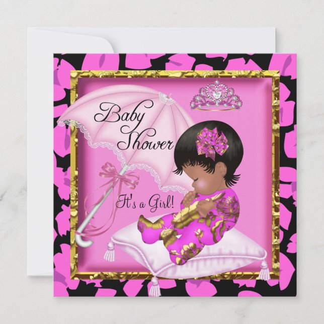 Invitación Cute leopardo rosa de Baby Shower afroamericano (Anverso)