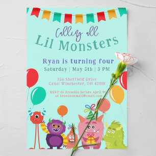 Invitación Cute lil Monster Personalizado Blue Birday Party
