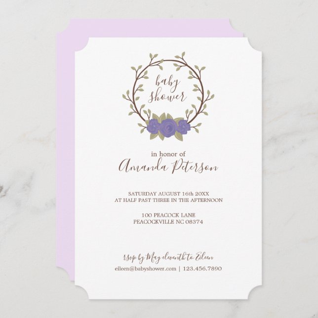 Invitación Cute Lilac Floral Wreath Baby Shower (Anverso / Reverso)