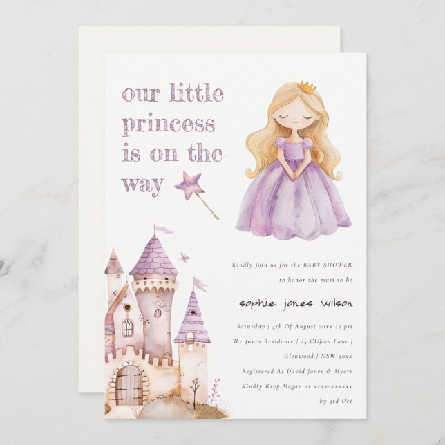 Invitación Cute Lilac Princess Castel Watercolor Baby Shower (Anverso / Reverso)