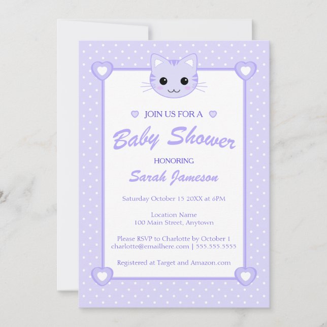 Invitación Cute Lilac Purple Personalizado Cat Kitten Baby Sh (Anverso)