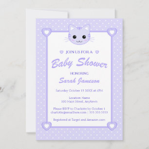 Invitación Cute Lilac Purple Personalizado Cat Kitten Baby Sh