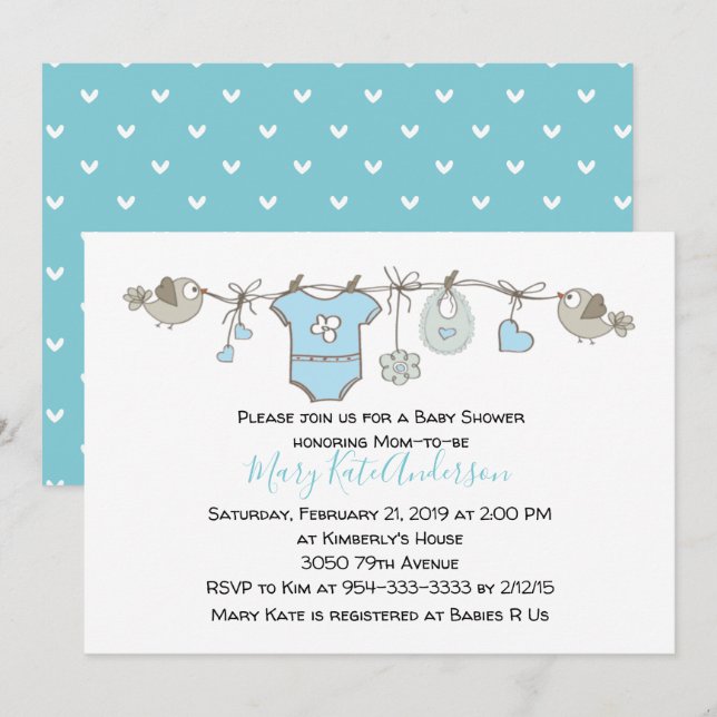 Invitación Cute línea de ropa azul es un niño BABY SHOWER (Anverso / Reverso)