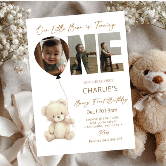 Invitación Cute Little Bear Neutral with Photo 1st Birthday  (Subido por el creador)