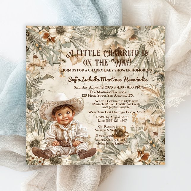 Invitación Cute Little Charro Baby Shower (Cute charro baby shower invitation with adorable baby boy!)