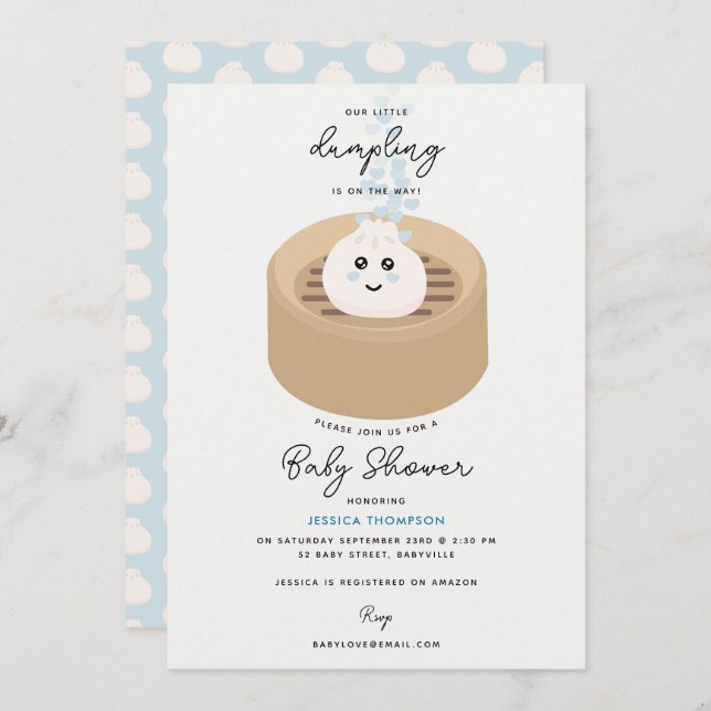 Invitación Cute Little Dumpling Blue Hearts Baby Shower (Anverso / Reverso)