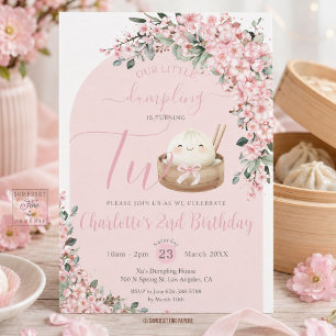 Invitación Cute Little Dumpling Flores de Cerezo Cumpleaños 2