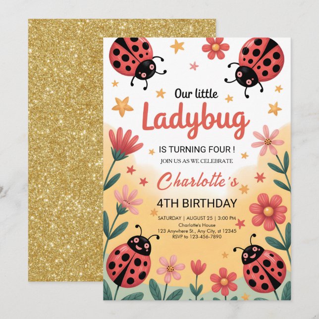 Invitación Cute Little Ladybug Girl Birthday Party (Anverso / Reverso)