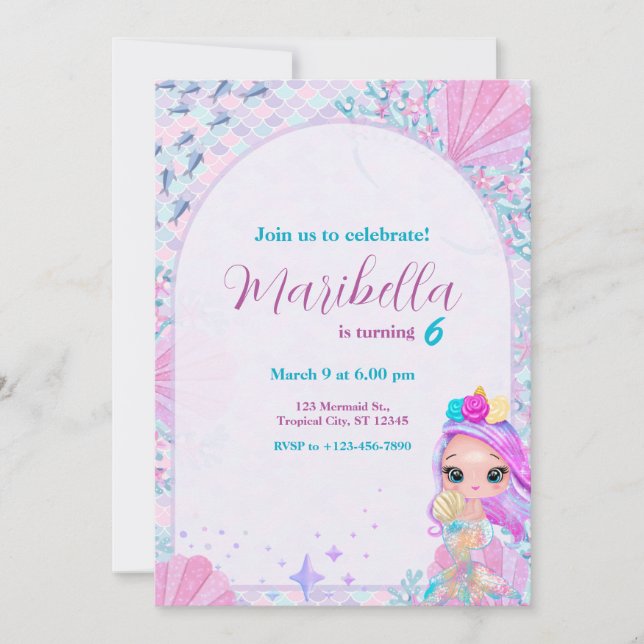 Invitación Cute Little Mermaid Under The Sea Birthday Party (Anverso)